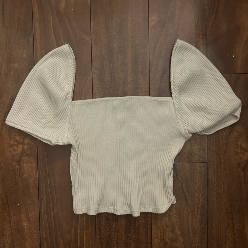 H&M Ribbed Square-Neck Puff Sleeve Crop Top - Off-White
